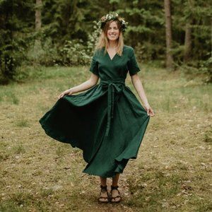 Mantaikotai Lisbon Linen Wrap Dress in Dark Green